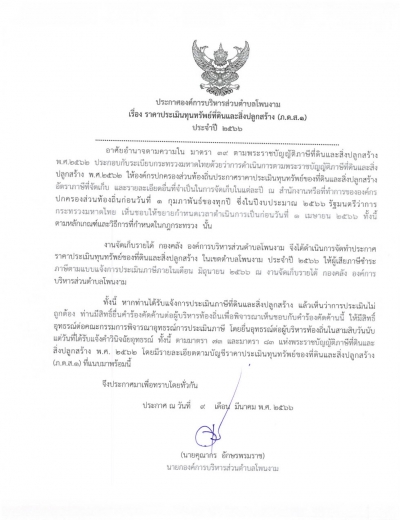 ประกาศบัญชีกำหนดราคาประเมินทุนทรัพย์ที่ดินและสิ่งปลูกสร้าง ประจำปีงบประมาณ 2566